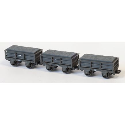 Peco GR323 OO-9 Pack Of 3 Ffestiniog Railway 2 Ton Slate Wagons Dark Grey 2 Unbraked And 1 Braked