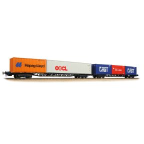 Bachmann 38-627A OO Gauge Double Pack BR FGA Freightliner Flats Outer Wagons BR Blue TOPS With 5 x 20/40ft ISO Containers