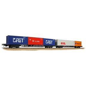 Bachmann 38-627A OO Gauge Double Pack BR FGA Freightliner Flats Outer Wagons BR Blue TOPS With 5 x 20/40ft ISO Containers