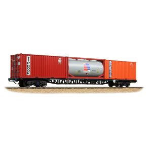Bachmann 38-628A OO Gauge BR FFA Freightliner Flat Inner Wagon BR Blue TOPS With 2 x 20ft And 1 x Tank ISO Containers