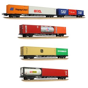 Bachmann 38-630 OO Gauge BR FFA/FGA Freightliner Flats 5 Wagon Bundle - BR Blue TOPS with ISO Containers