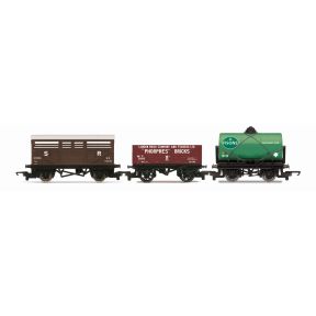 Hornby R60353 OO Gauge RailRoad Triple Wagon Pack 12 Ton Tank Wagon, Plank Wagon, And Cattle Wagon